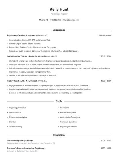 Psychology Teacher Resume