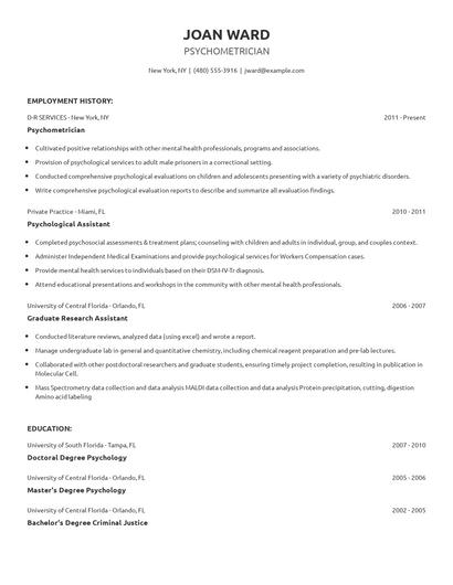Psychometrician Resume