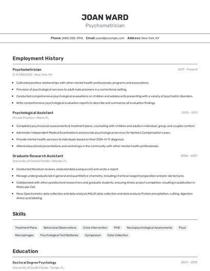 Psychometrician Resume