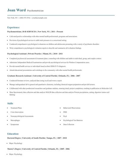 Psychometrician Resume