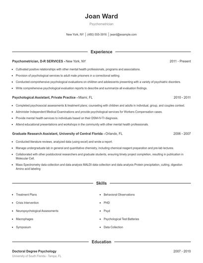 Psychometrician Resume