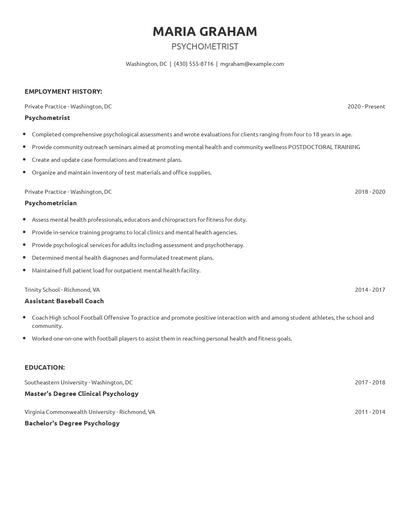 Psychometrist Resume