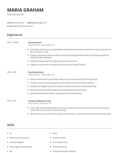 Psychometrist Resume
