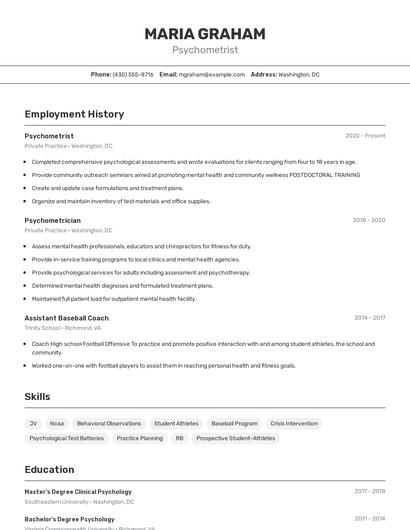 Psychometrist Resume