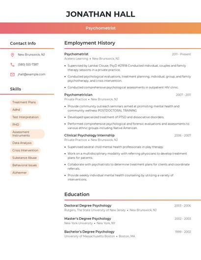 Psychometrist Resume