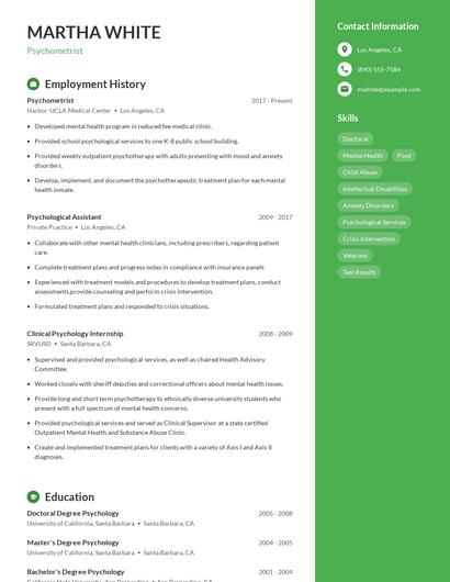 Psychometrist Resume