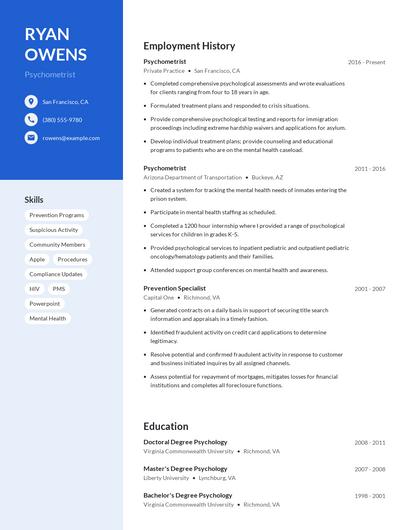Psychometrist Resume