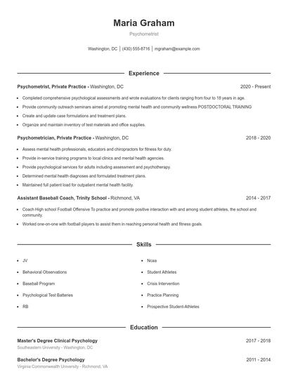 Psychometrist Resume