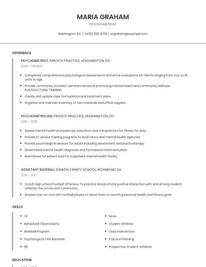Psychometrist Resume