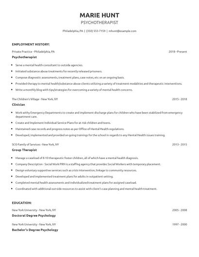 Psychotherapist Resume