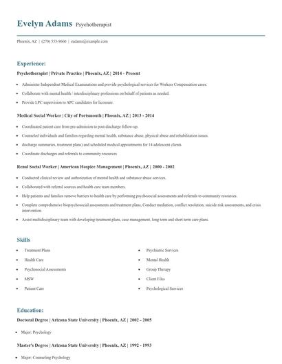 Psychotherapist Resume