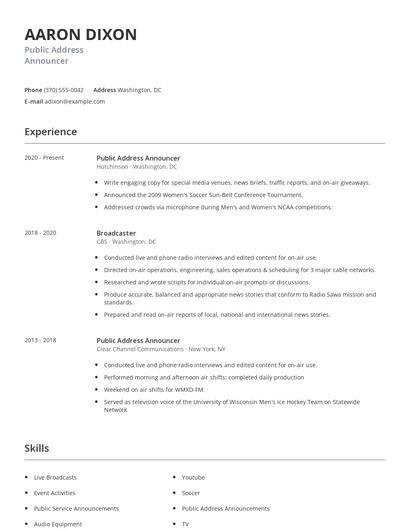 Public Address Announcer Resume