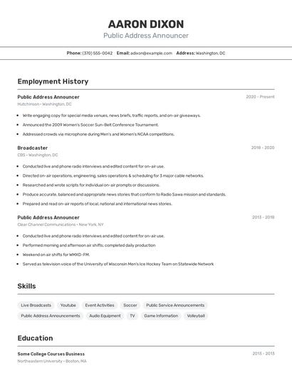 Public Address Announcer Resume