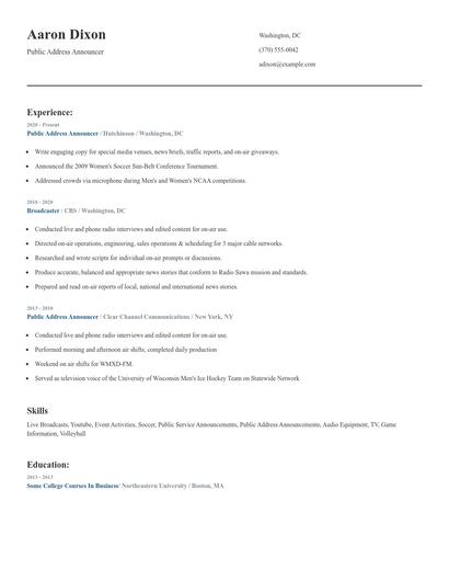 Public Address Announcer Resume