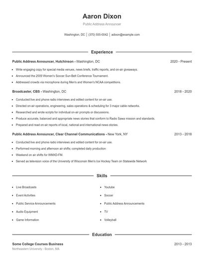 Public Address Announcer Resume