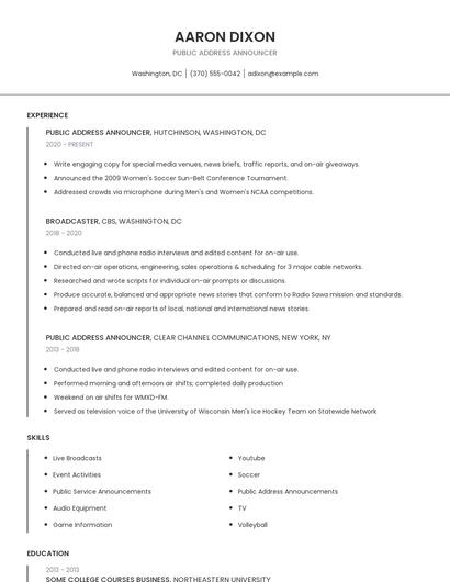 Public Address Announcer Resume