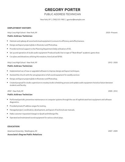 Public Address Technician Resume