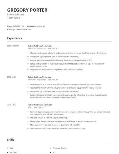 Public Address Technician Resume