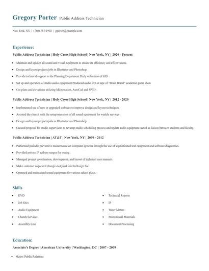 Public Address Technician Resume