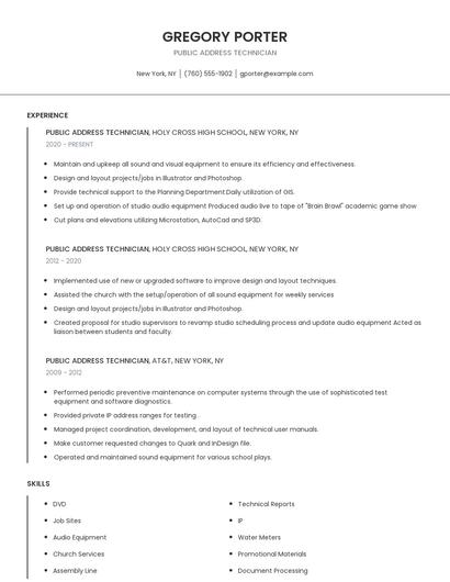 Public Address Technician Resume