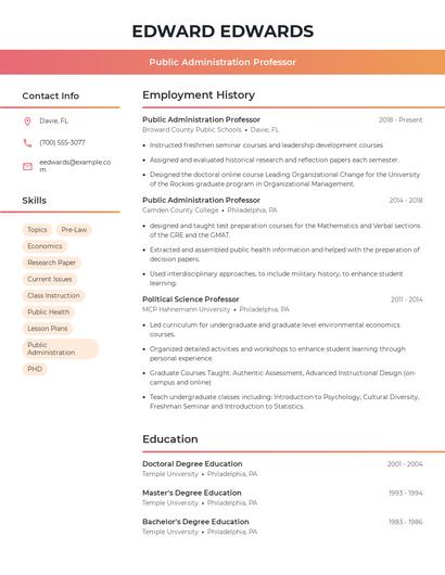 Public Administration Professor Resume