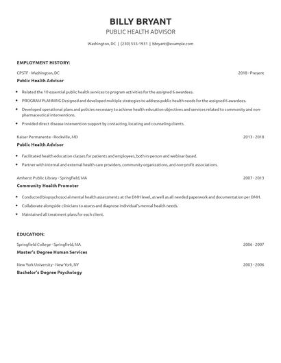 Public Health Advisor Resume