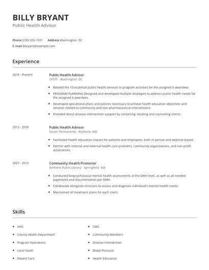 Public Health Advisor Resume