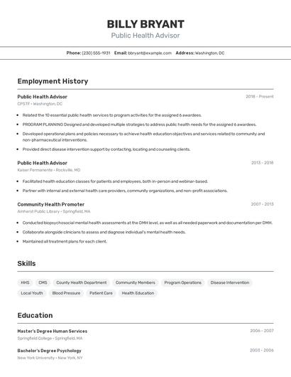 Public Health Advisor Resume