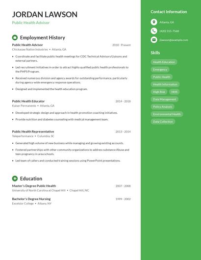 Public Health Advisor Resume