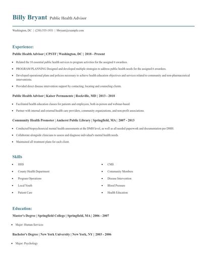 Public Health Advisor Resume