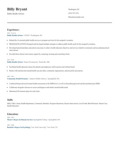 Public Health Advisor Resume