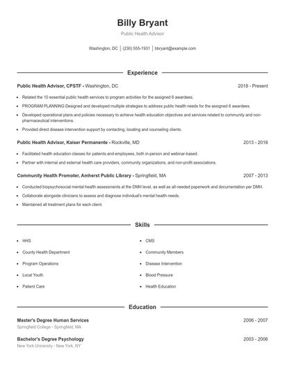 Public Health Advisor Resume