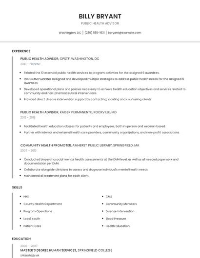 Public Health Advisor Resume