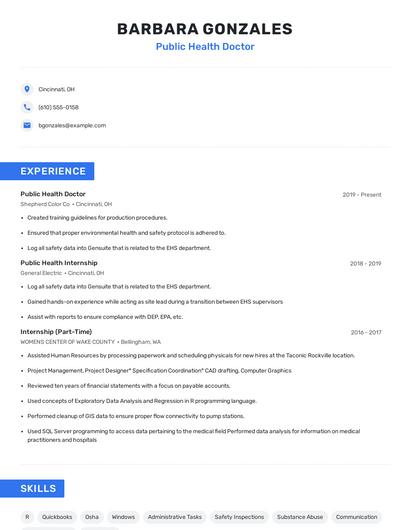 Public Health Doctor Resume