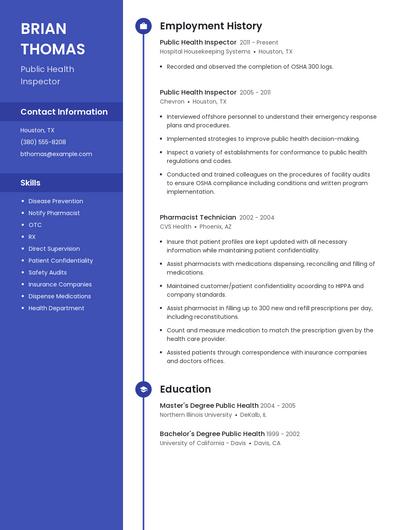 Public Health Inspector Resume