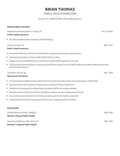 Public Health Inspector Resume