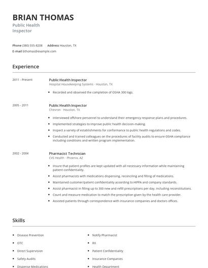 Public Health Inspector Resume