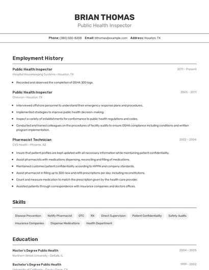 Public Health Inspector Resume