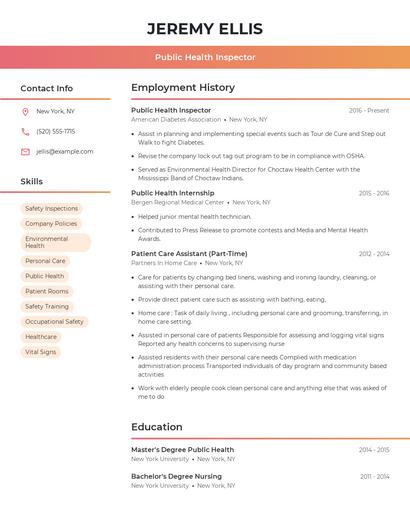 Public Health Inspector Resume