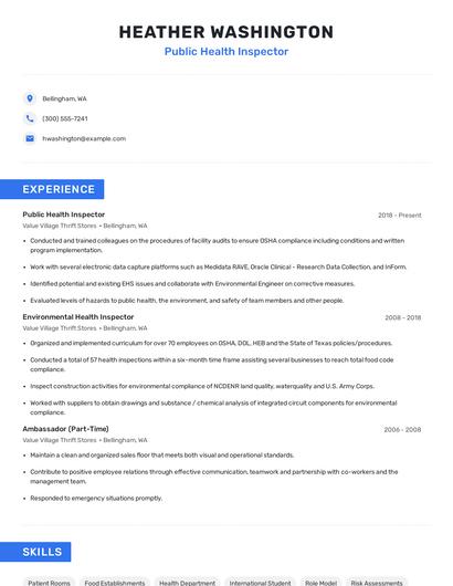 Public Health Inspector Resume