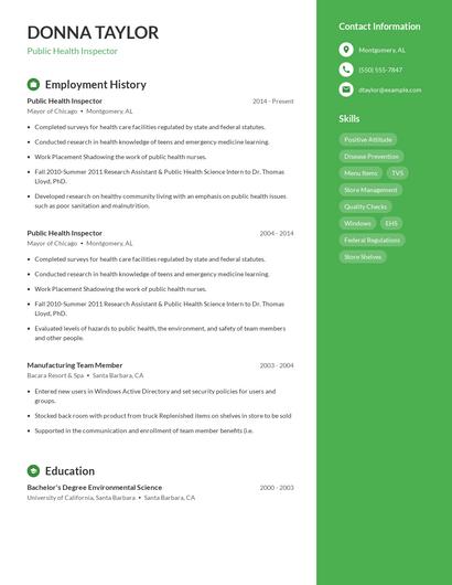 Public Health Inspector Resume