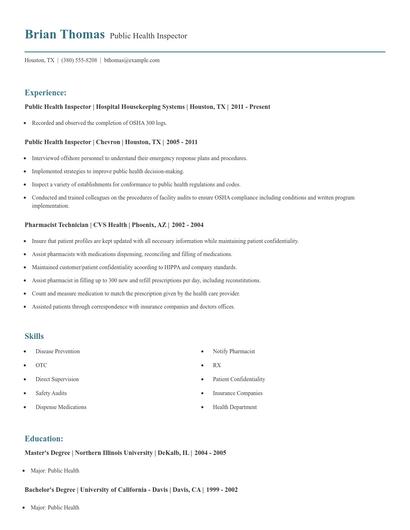 Public Health Inspector Resume