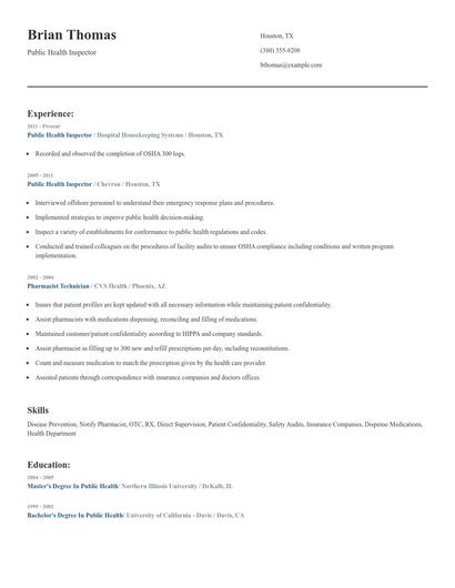 Public Health Inspector Resume