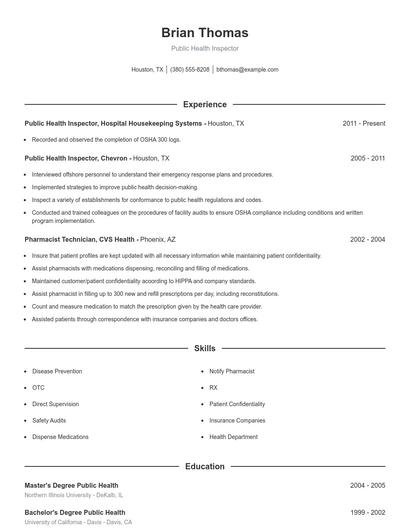 Public Health Inspector Resume