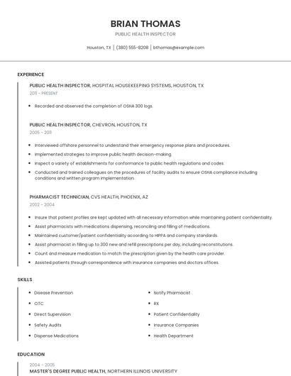 Public Health Inspector Resume