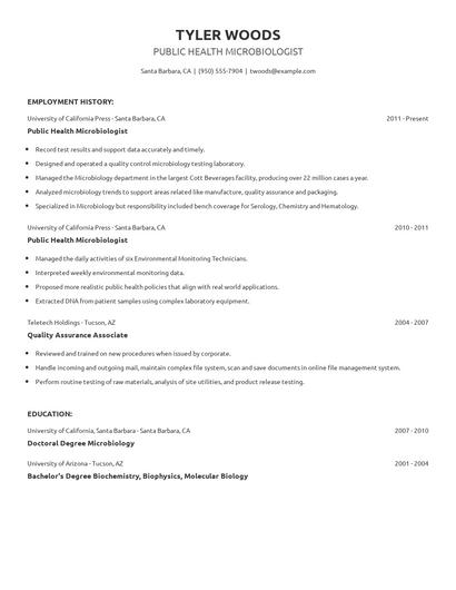 Public Health Microbiologist Resume