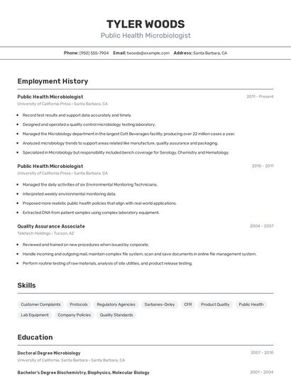 Public Health Microbiologist Resume
