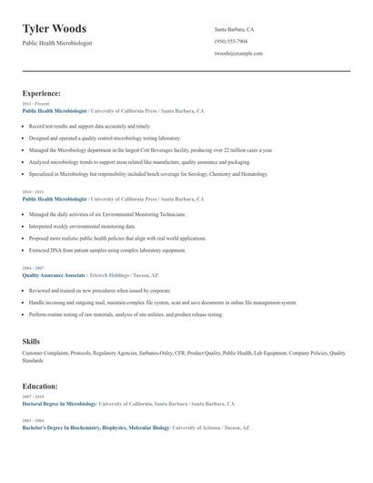 Public Health Microbiologist Resume