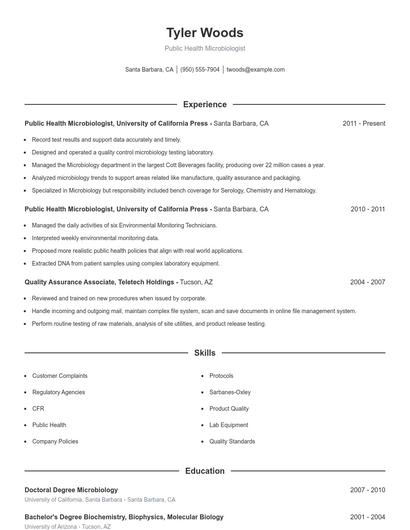 Public Health Microbiologist Resume