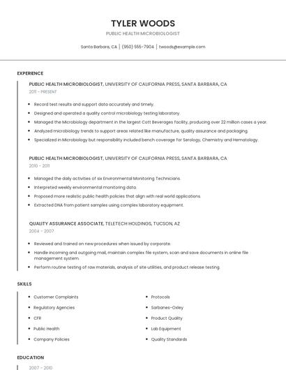 Public Health Microbiologist Resume
